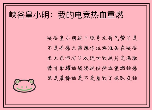 峡谷皇小明：我的电竞热血重燃